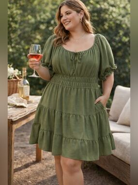 Liberty Love Olive Green Smocked Puff Sleeve Dress Boho Tiered - Plus Size 2X